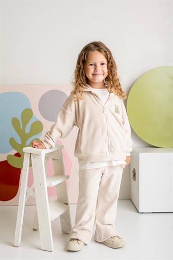 Kız Çocuk Kapşonlu Fermuarlı Polar İkili Takım - Krem