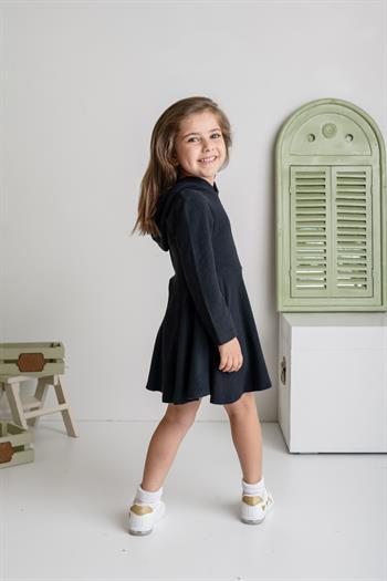 Kız Çocuk Kapşonlu Yumoş Elbise - Siyah