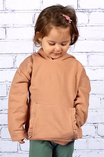 Kız Çocuk Kapüşonlu Cepleri Fırfır Detaylı Sweatshirt (2-7yaş)