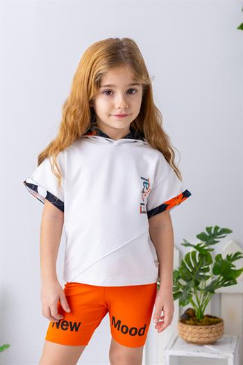 Kız Çocuk Kapüşonlu Kısa Kollu Sweat - Beyaz