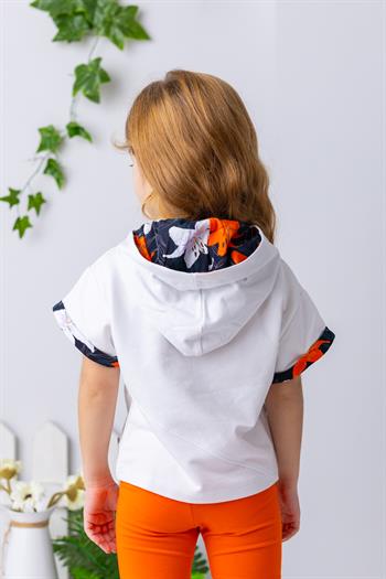 Kız Çocuk Kapüşonlu Kısa Kollu Sweat - Beyaz