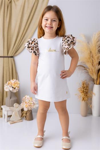 Kız Çocuk Kolları Volanlı Elbise - Beyaz