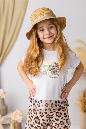 Kız Çocuk Leopar Desenli T-shirt - Beyaz