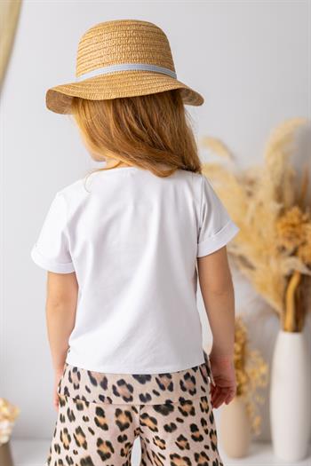 Kız Çocuk Leopar Desenli T-shirt - Beyaz
