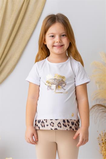 Kız Çocuk Leopar Desenli T-shirt - Beyaz