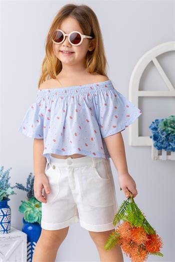 Kız Çocuk Mercan Desenli Crop Bluz - Desenli