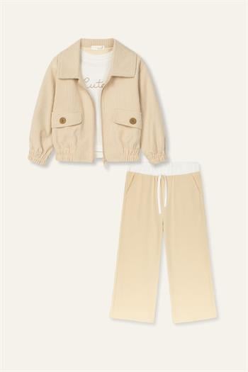 Kız Çocuk Montlu 3lü Takım  - Bej