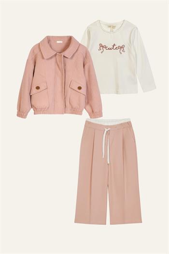 Kız Çocuk Montlu 3lü Takım  - Pudra