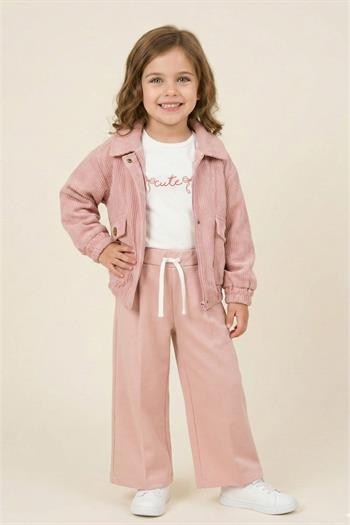 Kız Çocuk Montlu 3lü Takım  - Pudra