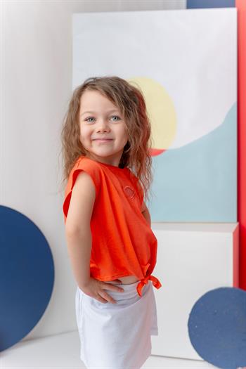 Kız Çocuk Nakış Detaylı Crop T-Shirt - Coral