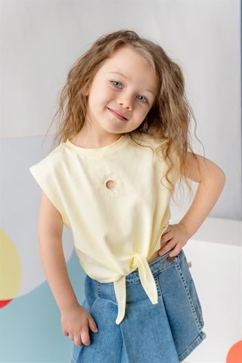 Kız Çocuk Nakış Detaylı Crop T-Shirt - Sarı