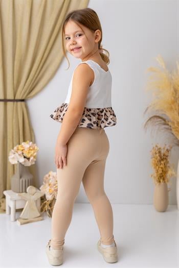 Kız Çocuk Nakış Detaylı Uzun Tayt - Bej