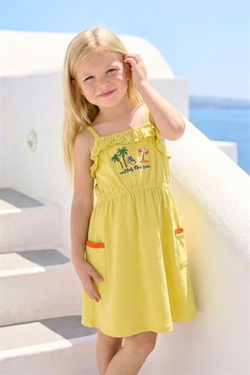 Kız Çocuk Nakışlı Örme Elbise  - Sarı