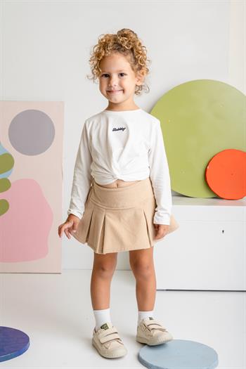 Kız Çocuk Nakışlı Uzun Kol Önden Büzgülü T-shirt - Ekru