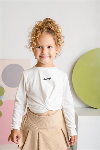 Kız Çocuk Nakışlı Uzun Kol Önden Büzgülü T-shirt - Ekru