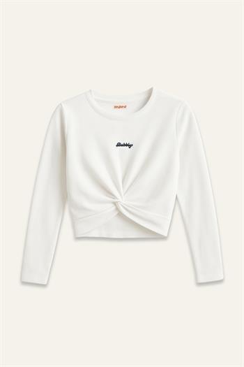 Kız Çocuk Nakışlı Uzun Kol Önden Büzgülü T-shirt - Ekru