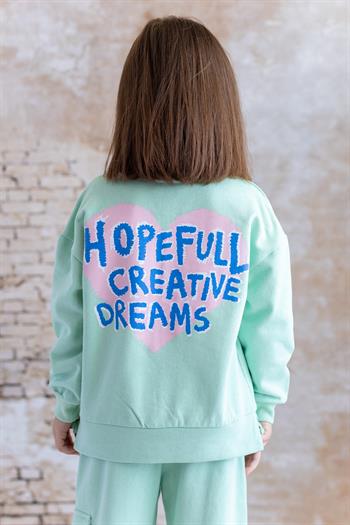 Kız Çocuk Ön Arka Kalp Baskılı Sweatshirt - Yeşil