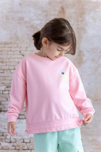 Kız Çocuk Ön Arka Kalp Baskılı Sweatshirt - Pembe