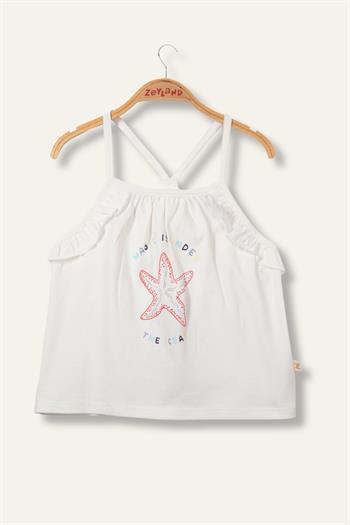 Kız Çocuk Paradıse Baskılı Askılı T-Shirt - Ekru