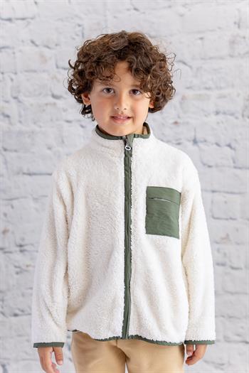 Kız Çocuk Paraşüt Cepli Peluş Ceket - Ekru