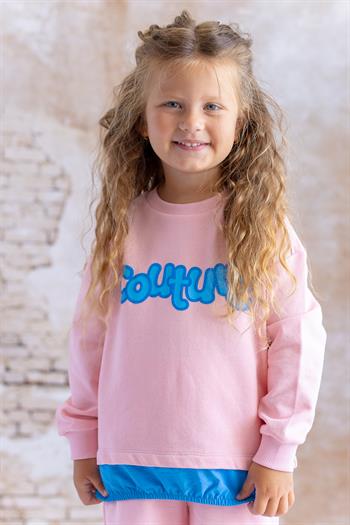 Kız Çocuk Paraşüt Kumaş Garnili Baskılı Sweatshirt - Pembe