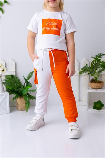 Kız Çocuk Renk Bloklu Kargo Cepli Eşofman Altı - Oranj