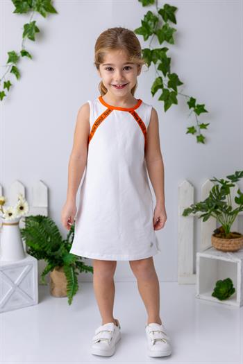 Kız Çocuk Şerit Detaylı Kolsuz Elbise - Beyaz
