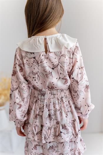 Kız Çocuk Yaka Detaylı Desenli Dokuma Bluz