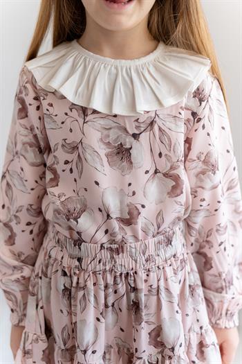 Kız Çocuk Yaka Detaylı Desenli Dokuma Bluz