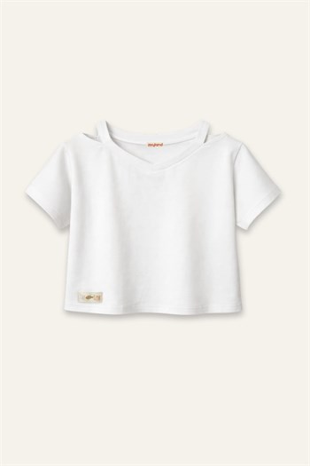 Kız Çocuk Yaka Detaylı T-shirt  - Ekru