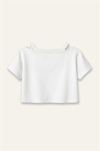Kız Çocuk Yaka Detaylı T-shirt  - Ekru
