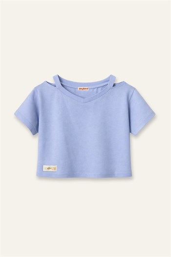 Kız Çocuk Yaka Detaylı T-shirt  - Mavi