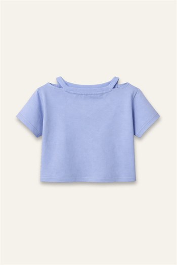 Kız Çocuk Yaka Detaylı T-shirt  - Mavi