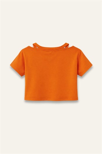 Kız Çocuk Yaka Detaylı T-shirt  - Turuncu