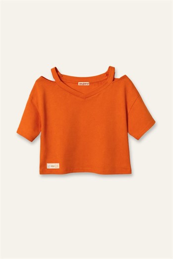 Kız Çocuk Yaka Detaylı T-shirt  - Turuncu