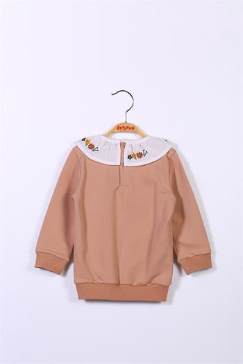 Kız Çocuk Yakası Çiçek Nakışlı Sweatshirt