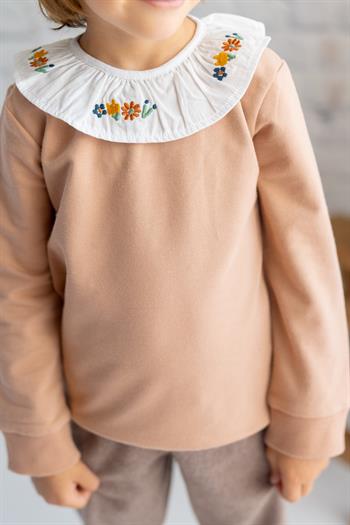 Kız Çocuk Yakası Çiçek Nakışlı Sweatshirt