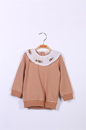 Kız Çocuk Yakası Çiçek Nakışlı Sweatshirt