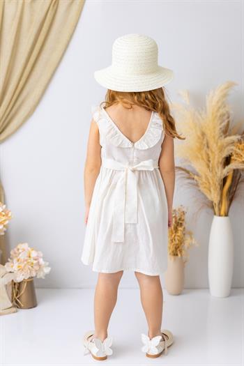 Kız Çocuk Yakası Fırfırlı Volanlı Elbise - Ekru