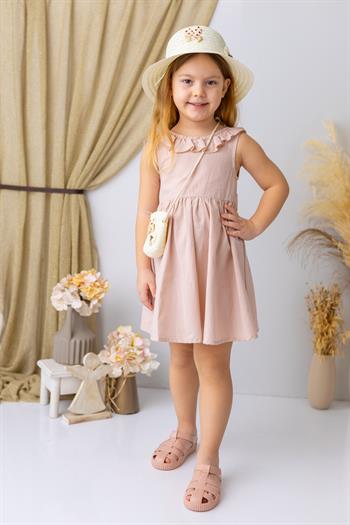 Kız Çocuk Yakası Fırfırlı Volanlı Elbise - Yavruağzı