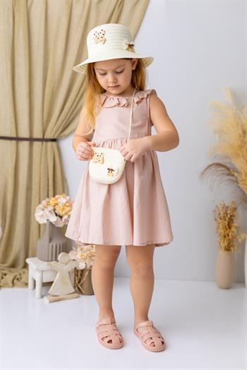 Kız Çocuk Yakası Fırfırlı Volanlı Elbise - Yavruağzı