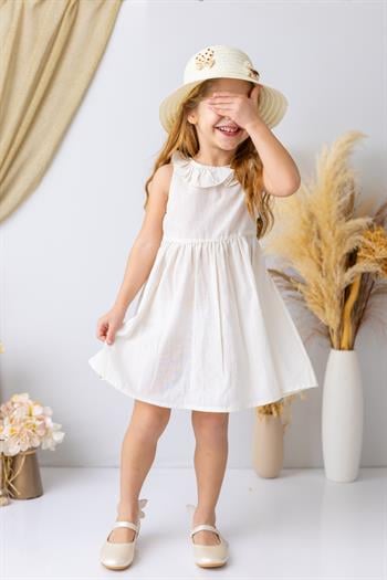 Kız Çocuk Yakası Fırfırlı Volanlı Elbise - Ekru