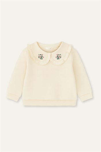 Kız Çocuk Yakası Nakışlı Sweatshirt  - Krem