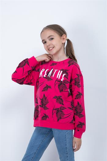 Kız Çocuk Yaprak Baskılı Sweatshirt