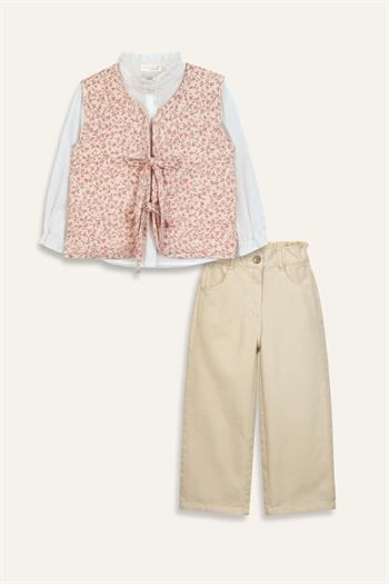Kız Çocuk Yelekli 3lü Takım  - Pudra