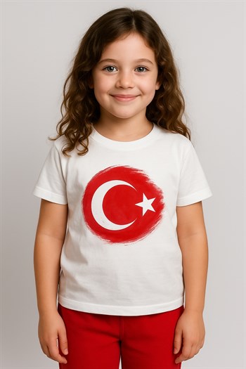Kız Erkek Çocuk Ay Yıldız Baskılı Kısa Kol T-shirt - Beyaz