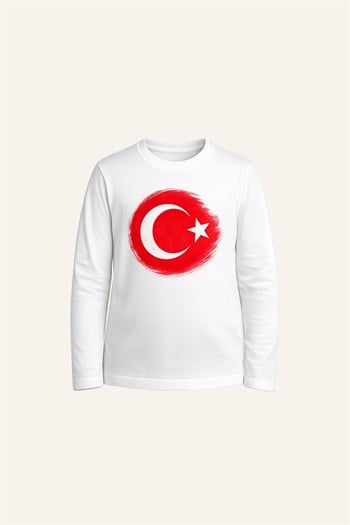 Kız Erkek Çocuk Ay Yıldız Baskılı Uzun Kol T-shirt - Beyaz