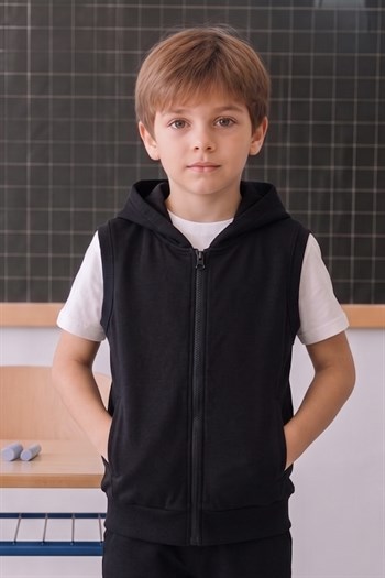 Kız Erkek Çocuk Basic Kapüşonlu Yelek - Siyah
