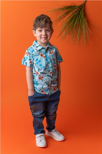 Erkek Bebek Mavi Palmiye Nakışlı Kot Pantolon (9ay-4yaş)