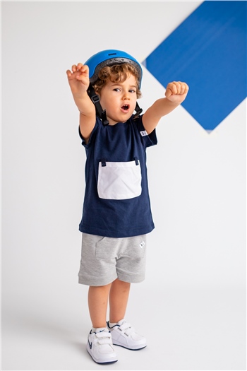 Erkek Bebek Yaka Çıtçıtlı Beyaz Cepli Lacivert T-Shirt (9ay-4yaş)